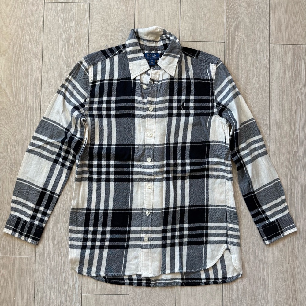 Polo Ralph Lauren Black and Cream Spell Out Plaid Shirt Teen Size 12